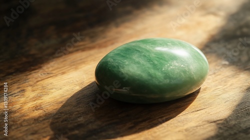Serene Green Aventurine Stone on Rustic Wooden Surface Bathed in Sunlight