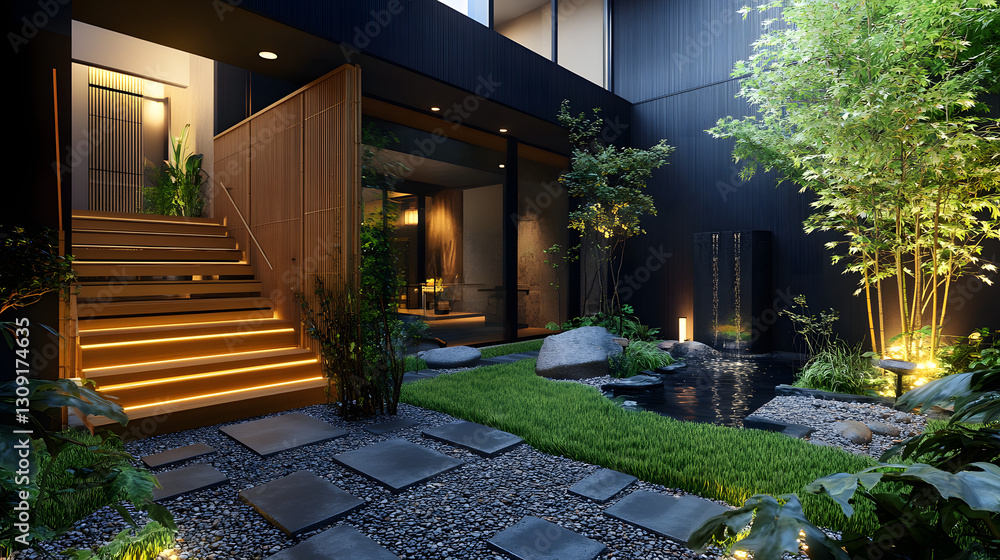 Fototapeta premium A modern house with wooden and black concrete walls