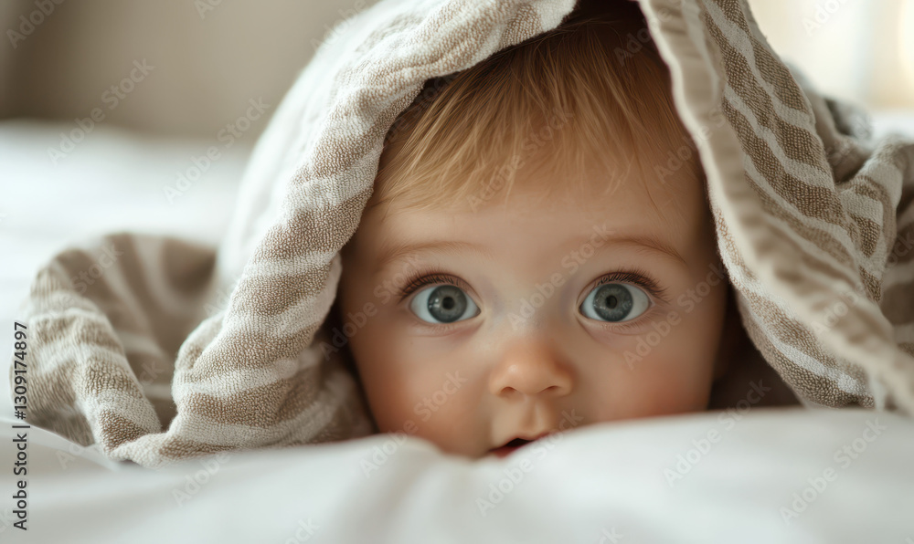 A Heartwarming Portrait of a Curious Baby Wrapped in a Soft Blanket, Capturing the Essence of Childhood and Innocence A Heartwarming Portrait of a Curious Baby Wrapped in a Soft Blanket, Capturing the Essence of Childhood and Innocence