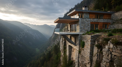 Wallpaper Mural Modern House Design on Cliff Overlooking Mountain Valley at Dusk Torontodigital.ca