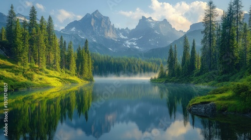 Serene mountain lake reflects majestic peaks.