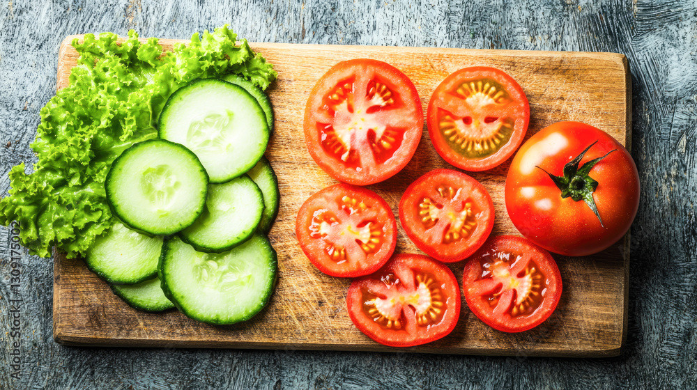 Fresh sliced tomatoes and cucumbers on wooden cutting board with lettuce Fresh sliced tomatoes and cucumbers on wooden cutting board with lettuce