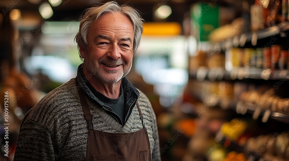 Older man in apron smiles inside grocery store with produce in blurred background Older man in apron smiles inside grocery store with produce in blurred background