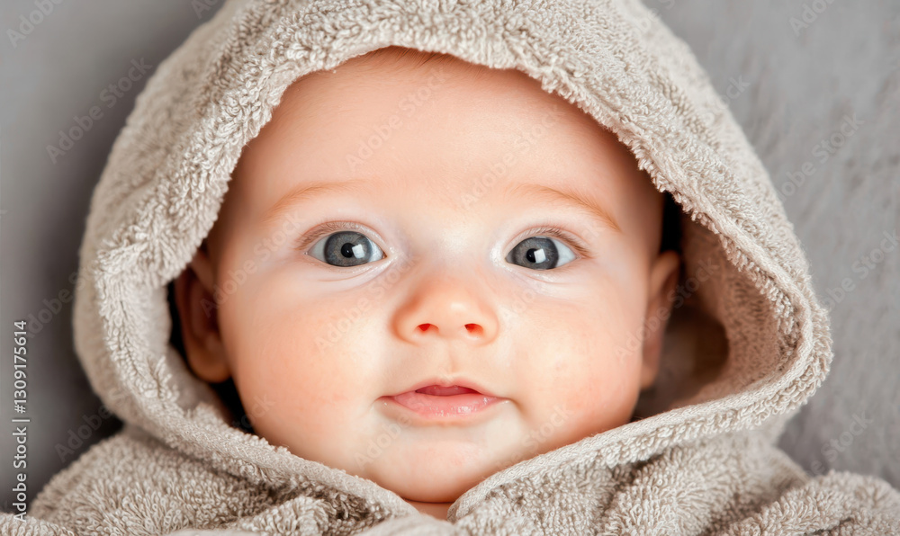 Charming Infant with Adorable Smile in Cozy Hooded Towel Captured in a Heartwarming Moment of Pure Joy and Innocence Charming Infant with Adorable Smile in Cozy Hooded Towel Captured in a Heartwarming Moment of Pure Joy and Innocence