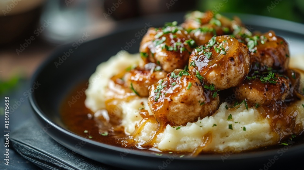 Close-up of Brown Caramelized Onion Meatballs over Creamy Mashed Potatoes and Rich Gravy Close-up of Brown Caramelized Onion Meatballs over Creamy Mashed Potatoes and Rich Gravy