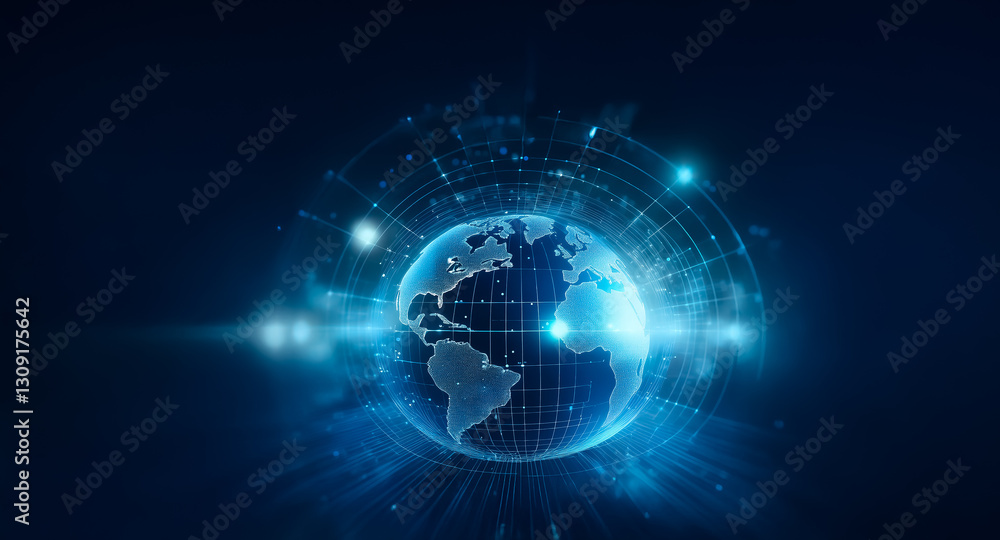 Obraz premium Glowing blue globe surrounded by network lines on a dark blue abstract background. Represents global connections and digital technology.