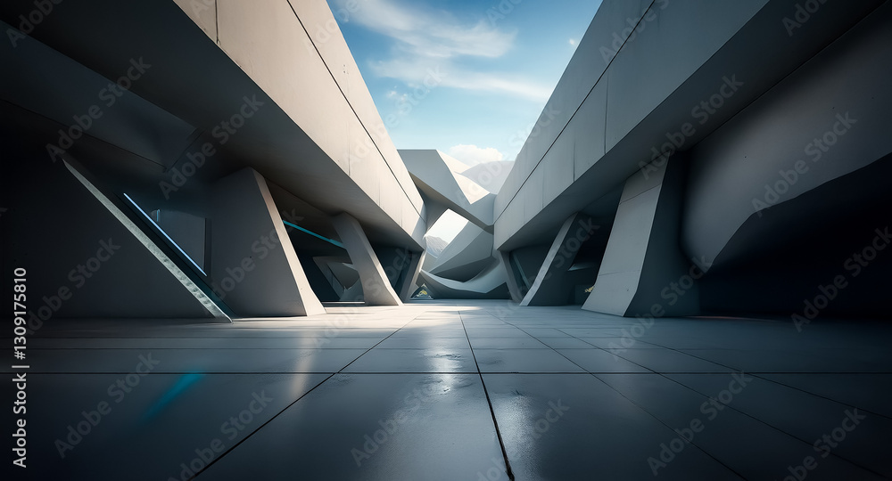 Fototapeta premium Modern architecture with an abstract background of geometric shapes and angles. Sunlight illuminates the minimalist and clean design, casting shadows.