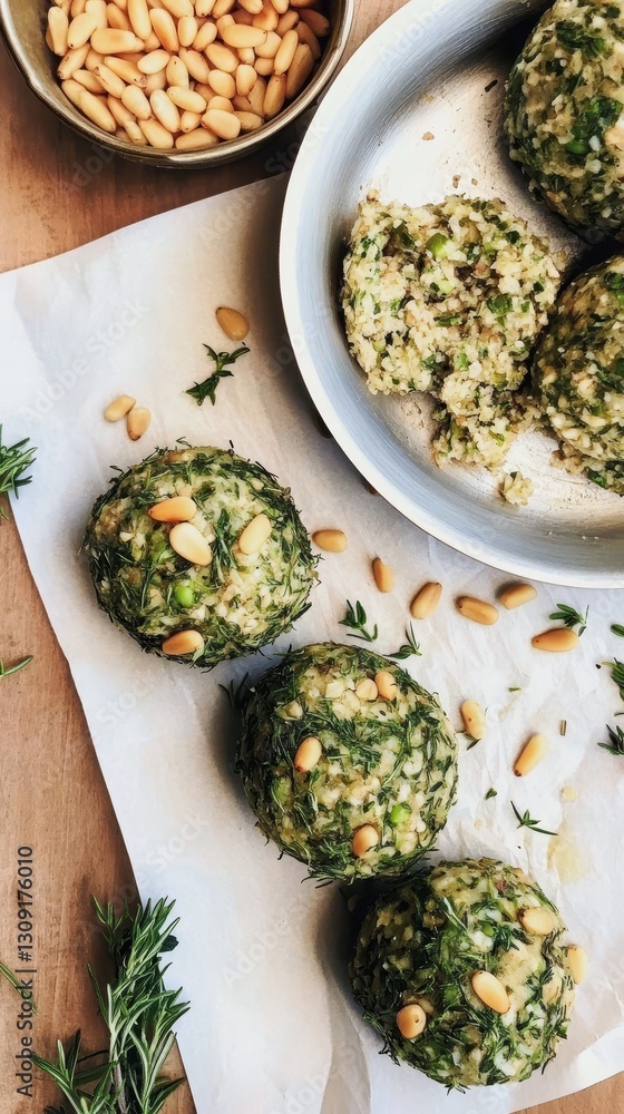 Bulgur balls with pine nuts and aromatic herbs on parchment paper with a rustic appeal ready for serving Bulgur balls with pine nuts and aromatic herbs on parchment paper with a rustic appeal ready for serving