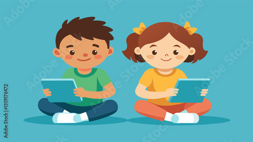 Two siblings sat side by side each with their own tablet as they competed in a friendly spelling game that taught them new words.. Vector illustration