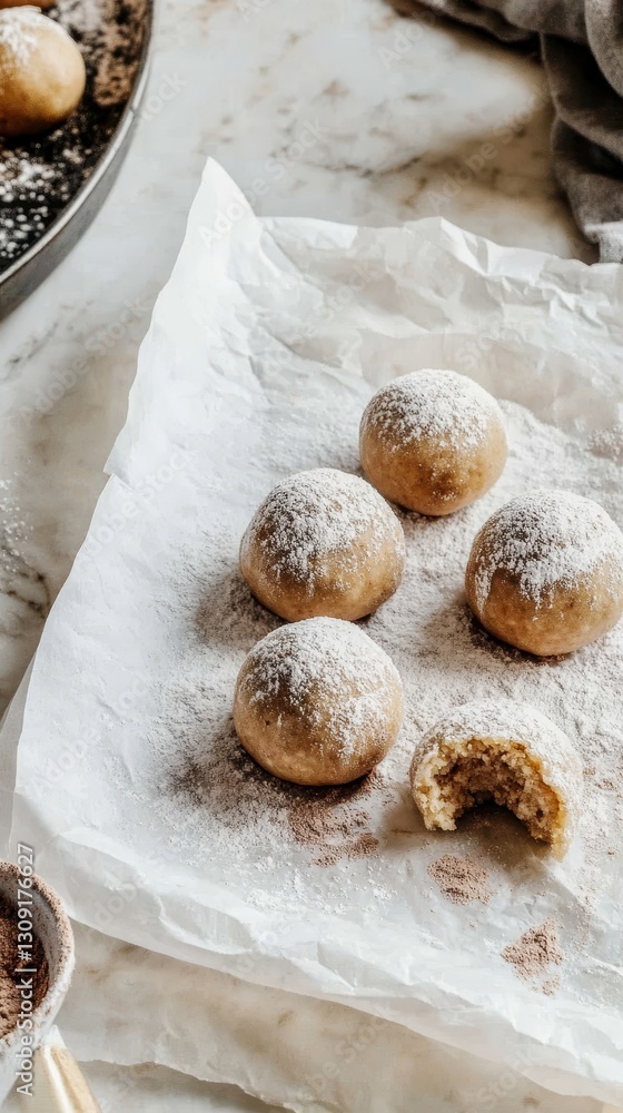 Fototapeta premium Perfectly round nut balls with protein powder and cocoa arranged on parchment paper with a touch of cocoa dust