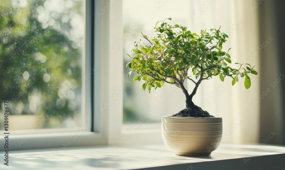 Fototapeta premium Close-up of a potted bonsai tree on a minimalist white desk near a window, soft natural light emphasizing its intricate leaves and branches