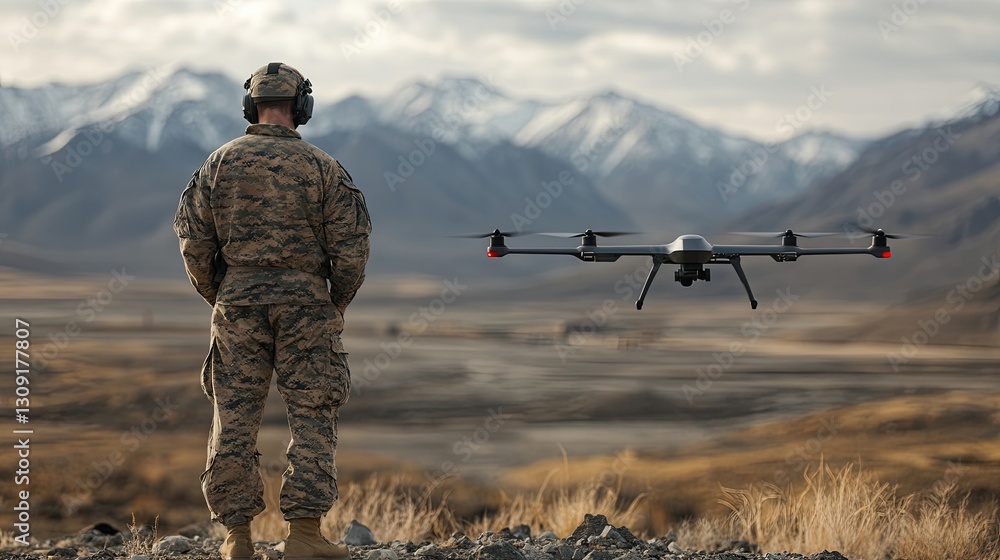 Naklejka premium A soldier operates a drone for reconnaissance tasks