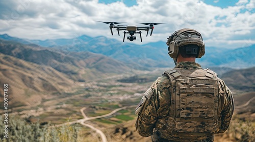 Obraz na płótnie A soldier operates a drone for reconnaissance tasks