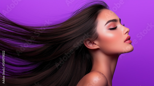 Beautiful brunette girl with long hair blowing in the wind isolated on a purple background