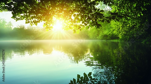 Sunrise Over a Misty Lake in a Lush Green Forest
