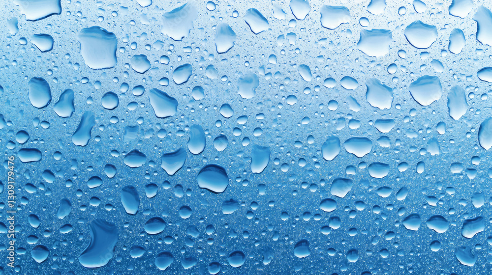 Clear blue water droplets on glass surface with light reflections Clear blue water droplets on glass surface with light reflections