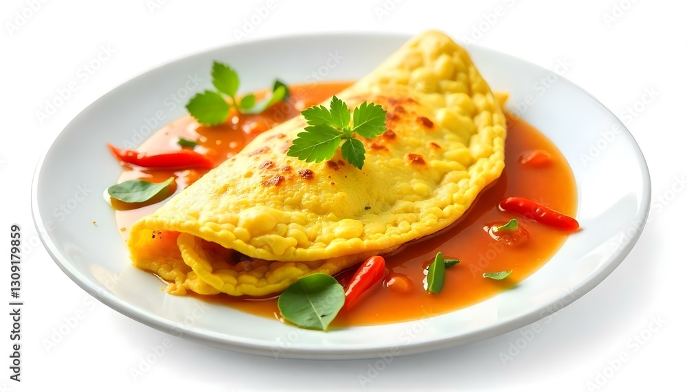 Thai omelette on white plate isolated on transparent background Generative Ai. Thai omelette on white plate isolated on transparent background Generative Ai.