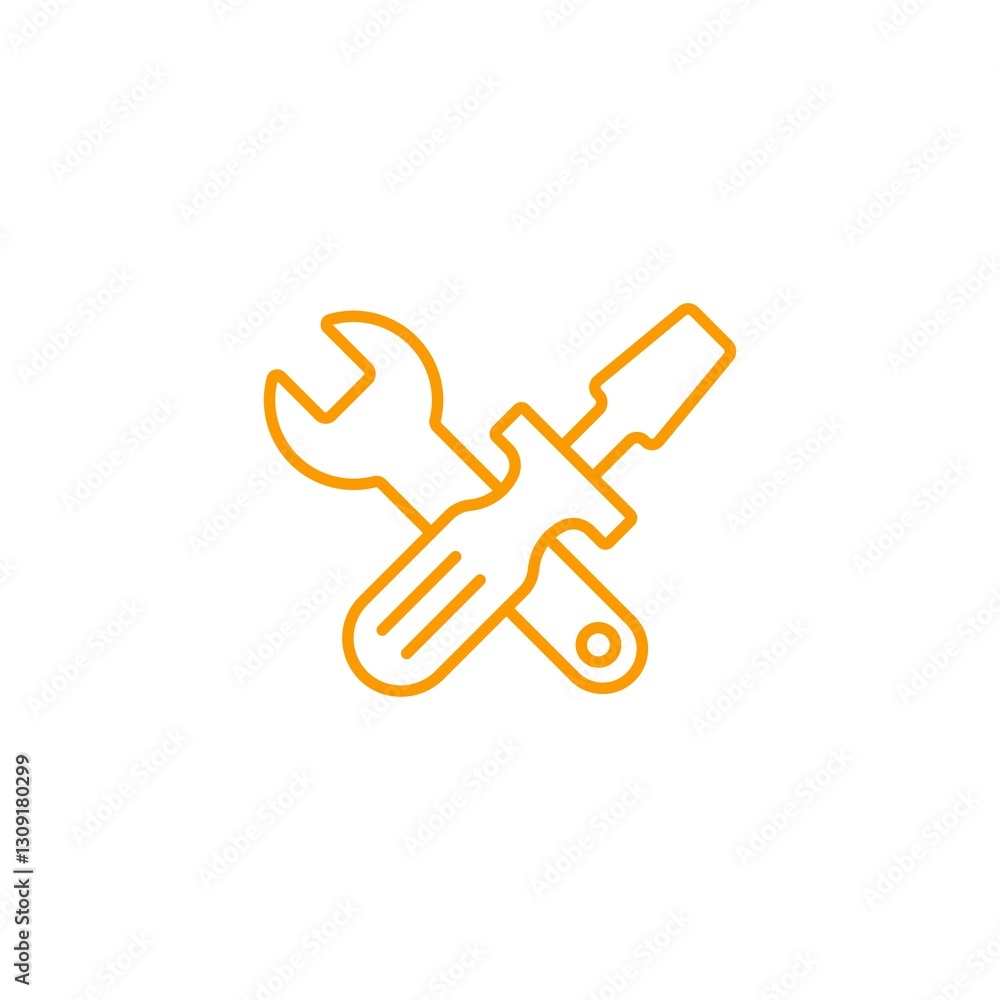 Simple orange wrench and screwdriver icon represents maintenance, repair, and tool equipment. Simple orange wrench and screwdriver icon represents maintenance, repair, and tool equipment.