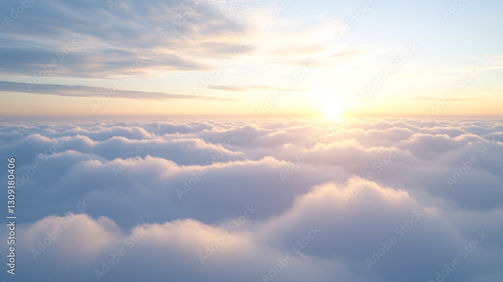 A serene sunrise above the clouds: soft morning light and tranquil sky A serene sunrise above the clouds: soft morning light and tranquil sky