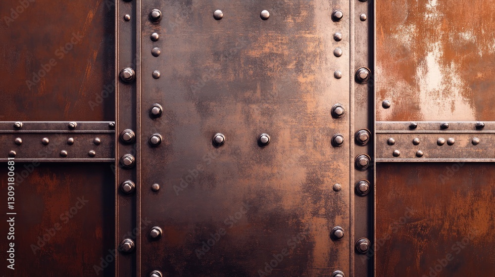 Fototapeta premium A structured brown industrial metal wall with embossed steel textures and rivets.