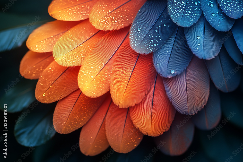 Vibrant feathers with shades of orange and blue adorned with delicate water droplets Vibrant feathers with shades of orange and blue adorned with delicate water droplets