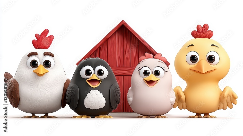 Fototapeta premium Adorable Cartoon Farm Animals Near Red Barn