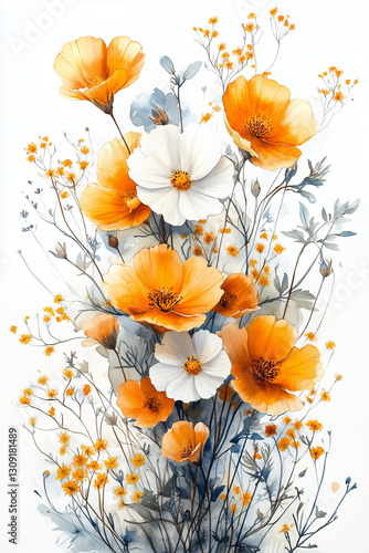 Delicate watercolor illustration of a bouquet with white and yellow flowers on a light background