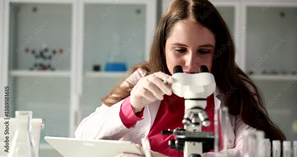 In a contemporary laboratory setting, a young researcher meticulously examines various samples using a microscope In a contemporary laboratory setting, a young researcher meticulously examines various samples using a microscope