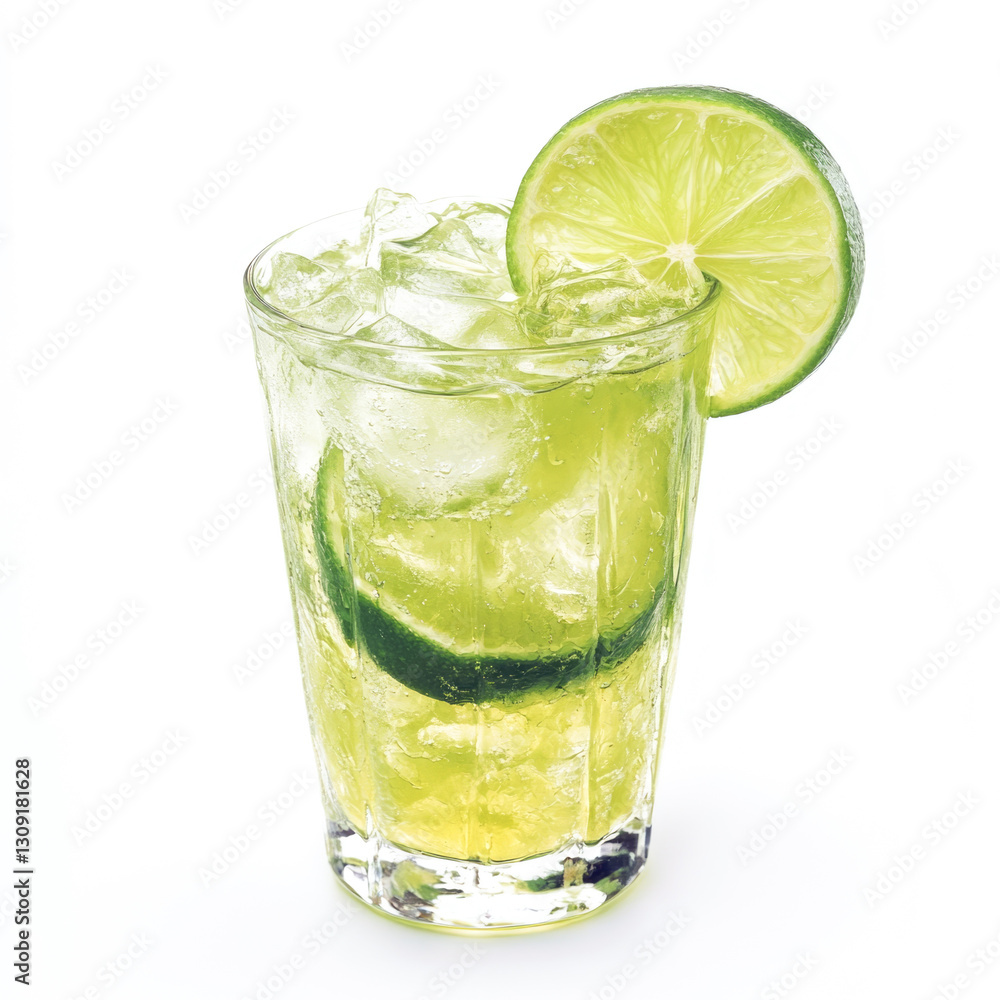 Refreshing lime cocktail with ice and lime slices in clear glass Refreshing lime cocktail with ice and lime slices in clear glass