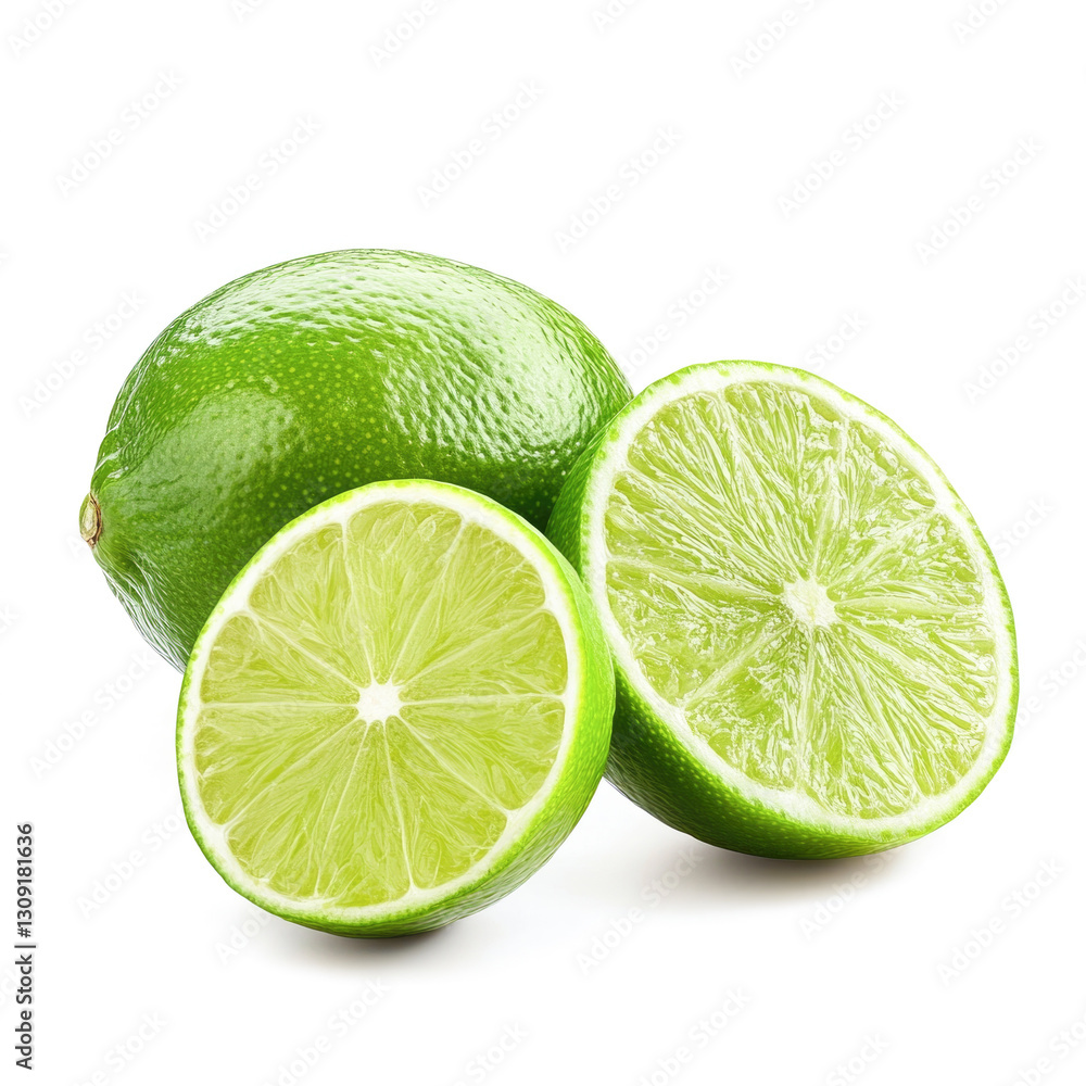 Fresh green limes with sliced half exposing juicy pulp on white background Fresh green limes with sliced half exposing juicy pulp on white background