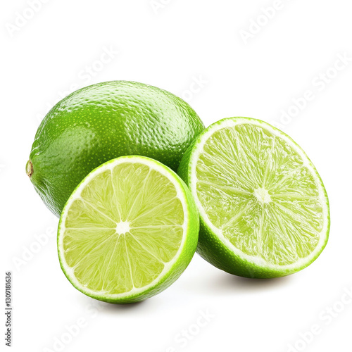Fresh green limes with sliced half exposing juicy pulp on white background
