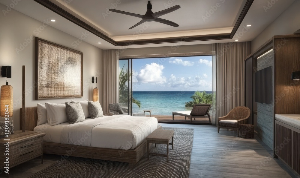 Naklejka premium Breathtaking Oceanfront Suite with Private Waterfront View and Tranquil Atmosphere for Relaxation and Enjoyment in Tropical Paradise Setting