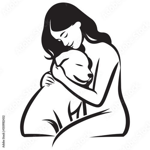 Heartwarming Woman Embracing Her Loyal Dog Vector Illustration Graphic