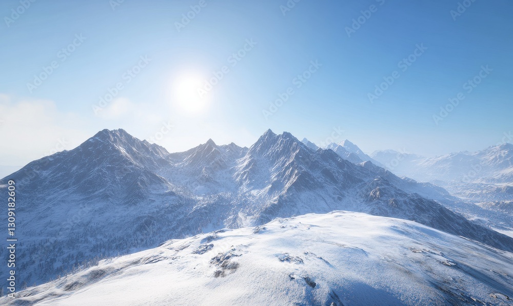 Fototapeta premium Scenic view of a snow-covered mountain range under a clear blue sky, with sunlight highlighting the peaks and creating a crisp, serene atmosphere