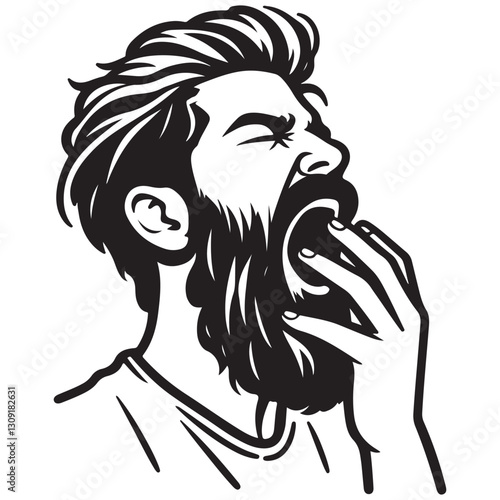 Silhouette of Bearded Man Yawning Vector Graphic for Tired Concepts