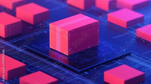 A vibrant digital representation featuring a central pink cube amid numerous smaller cubes on a complex circuit board.