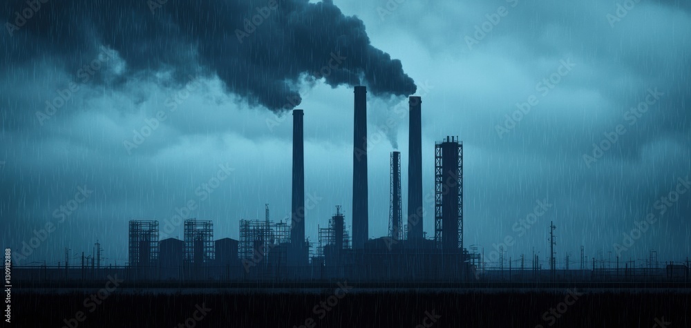 Obraz premium A dark, industrial scene featuring smokestacks emitting thick smoke against a moody sky, highlighting environmental concerns related to pollution.