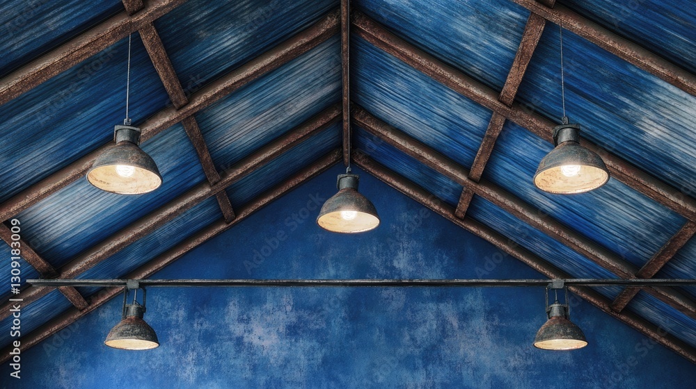 Obraz premium A vibrant dark blue industrial ceiling with symmetrical metal beams and brushed textures.