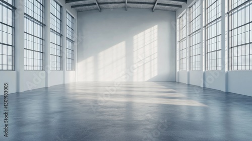 A bright, spacious room with large windows casting shadows on the polished concrete floor, creating a minimalist and modern ambiance.