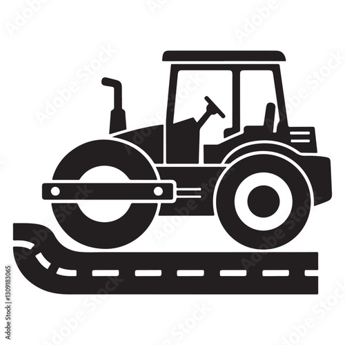 Heavy road roller compactor silhouette flattens asphalt surface for construction projects