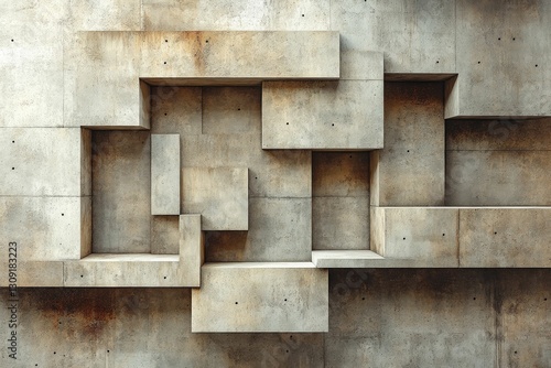 Abstract concrete structure, geometric shapes, textured wall.