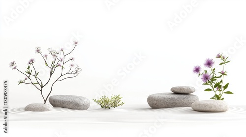 Zen garden with smooth stones and delicate flowers, symbolizing tranquility and balance in a minimalist design.