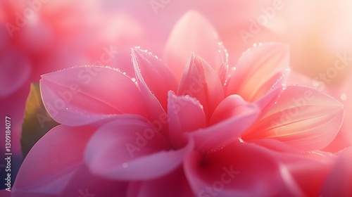 Pink dahlia closeup, softly lit, with water drops on petals, used for nature