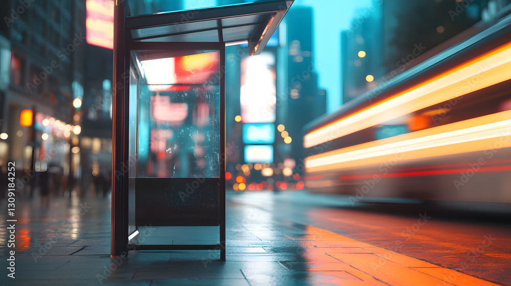 A moody urban shot of an isolated bus stop on a quiet city street. Towering buildings loom above, their reflective surfaces mirroring the glow of distant billboards. A bus rushes past in a blur, A moody urban shot of an isolated bus stop on a quiet city street. Towering buildings loom above, their reflective surfaces mirroring the glow of distant billboards. A bus rushes past in a blur,
