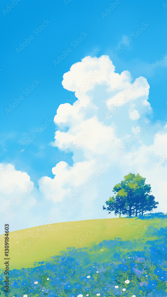 Fototapeta premium 白い雲が浮かぶ青空と花の丘 清涼感たっぷりの自然風景