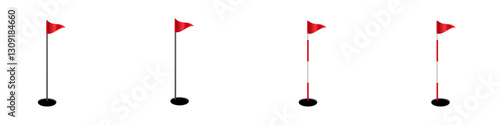 Four vertical poles with red triangular flags and round black bases, ideal for golf visuals.