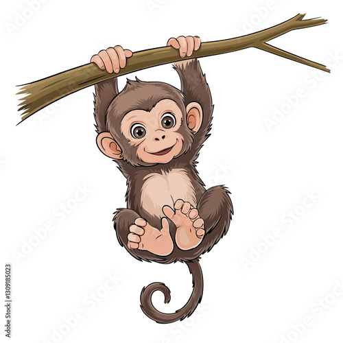 Cute Baby Monkey Swinging on Tree Branch Vector Illustration for Children's Designs