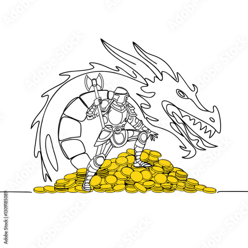 Knight and Dragon with Treasure Hoard Vector Illustration for Fantasy Games and Coloring Books