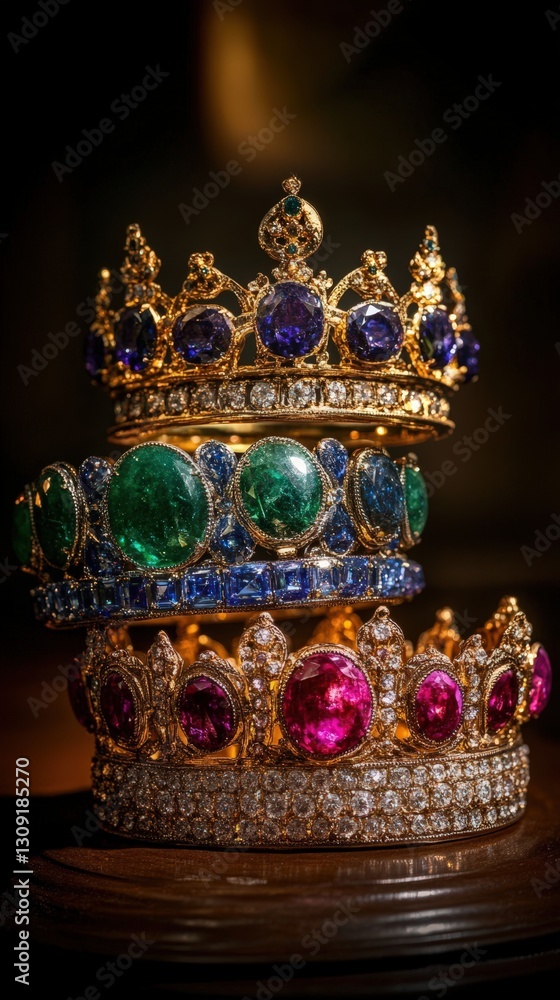 Obraz premium Three jeweled gold crowns stacked on display
