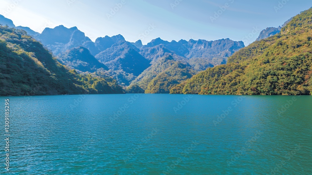Serene Blue Lake Surrounded by Lush Green Mountains Serene Blue Lake Surrounded by Lush Green Mountains